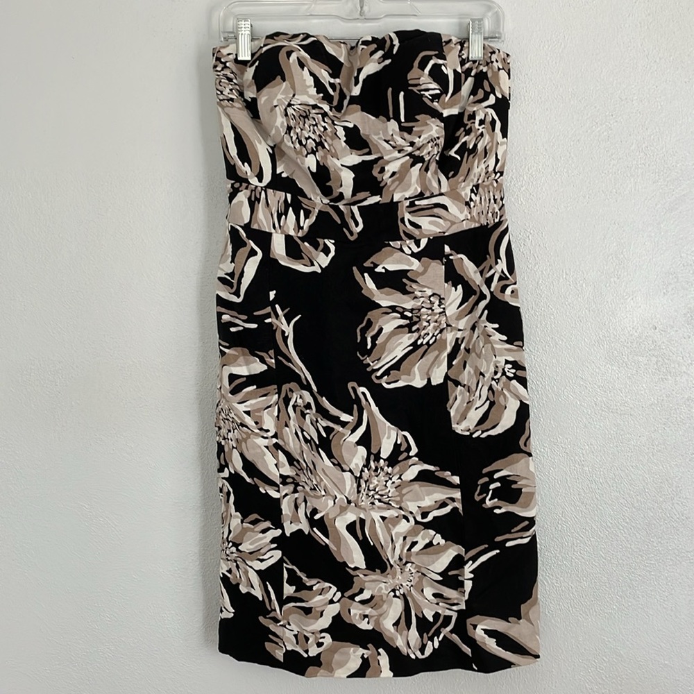 Banana Republic Black Tan‎ Abstract Floral Linen Blend Strapless Dress Size 4